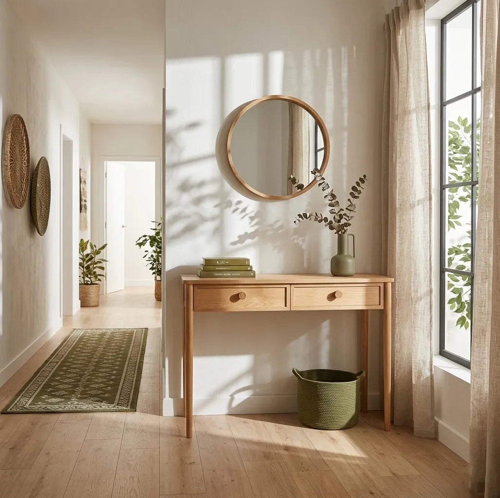 Wooden console table with round mirror and decorative items in a bright room.