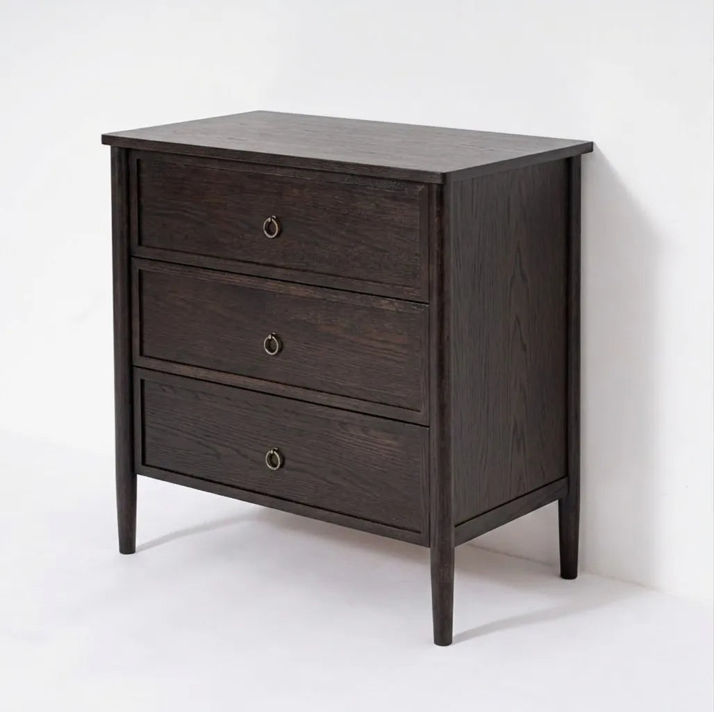 Rose Espresso Oak Chest of Drawers - angled view highlighting dark espresso oak grain, and antique brass ring pulls