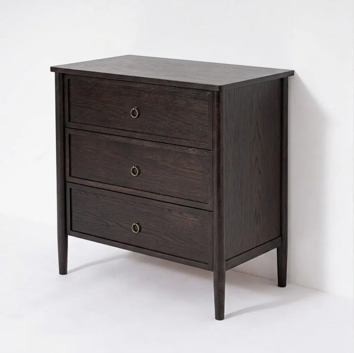 Rose Espresso Oak Chest of Drawers - angled view highlighting dark espresso oak grain, and antique brass ring pulls
