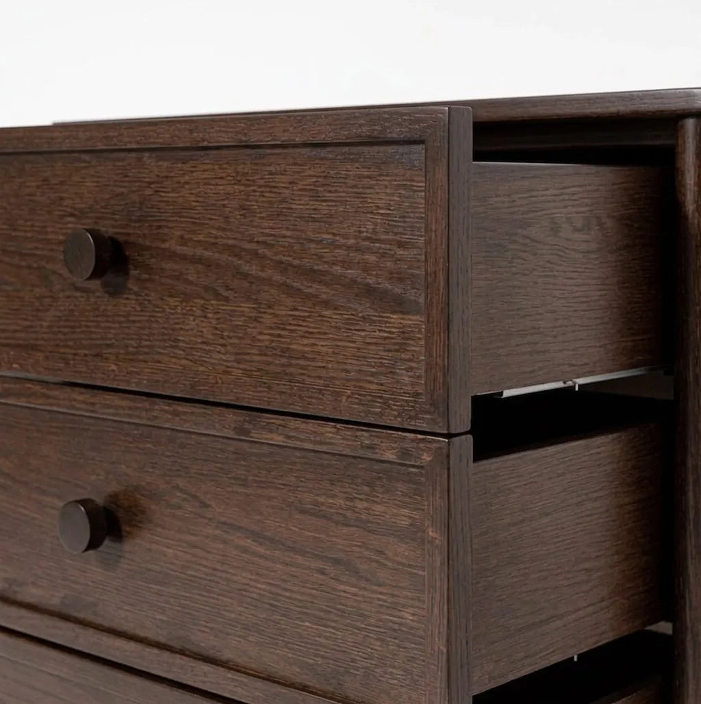 Close-up of Rose Espresso Oak Chest of Drawers top drawers open showing solid espresso oak grain texture and cylindrical knob