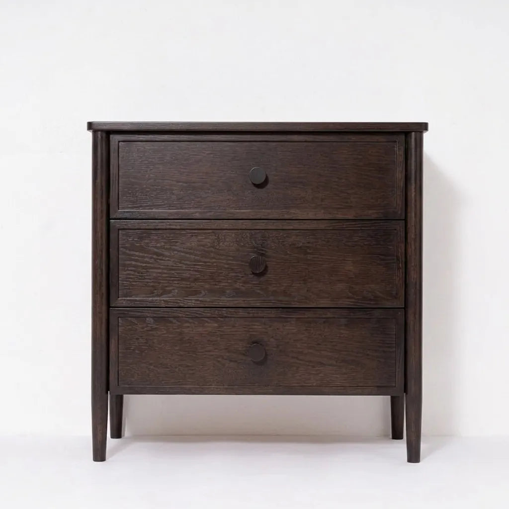 Rose Espresso Oak Chest of Drawers - front view showing 3-drawer layout with matte black round knobs on white background