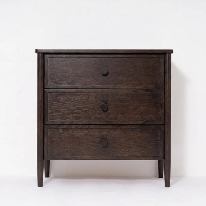 Rose Espresso Oak Chest of Drawers - front view showing 3-drawer layout with matte black round knobs on white background
