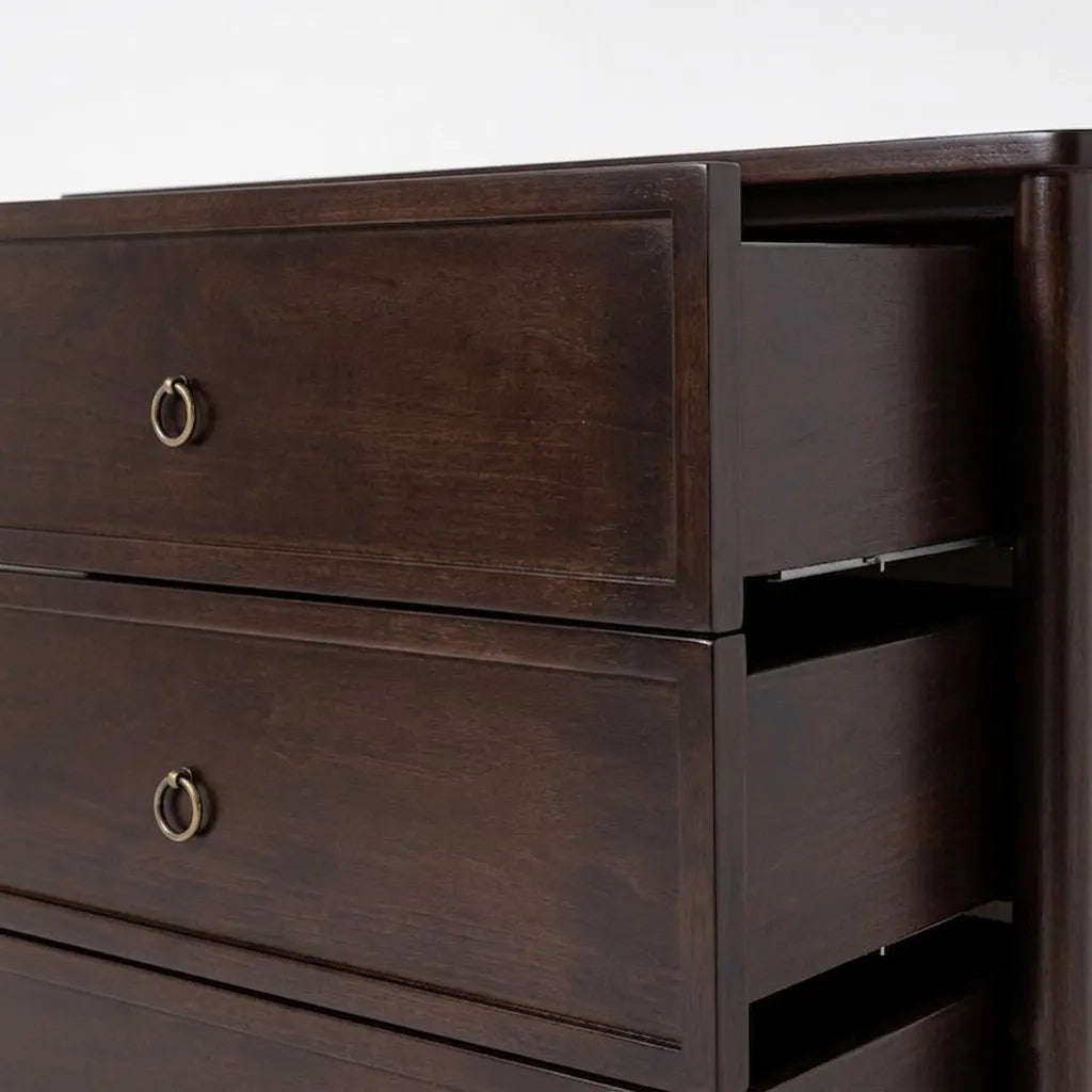 Close-up of Rose Espresso Oak Chest of Drawers top two drawers open showing smooth-gliding mechanism