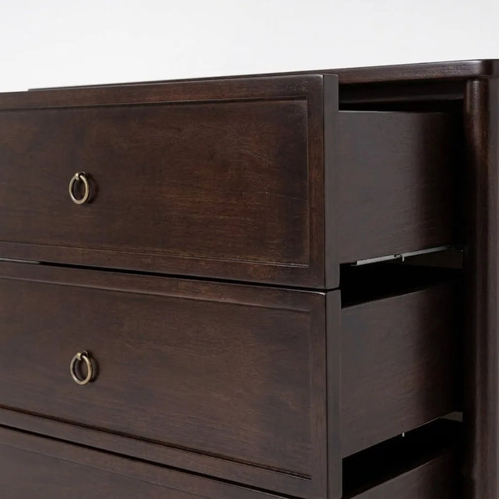 Close-up of Rose Espresso Oak Chest of Drawers top two drawers open showing smooth-gliding mechanism