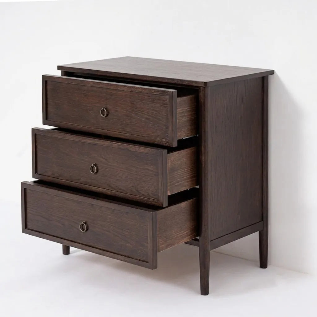 Rose Espresso Oak Chest of Drawers with all drawers open showing solid oak interior construction and antique brass ring