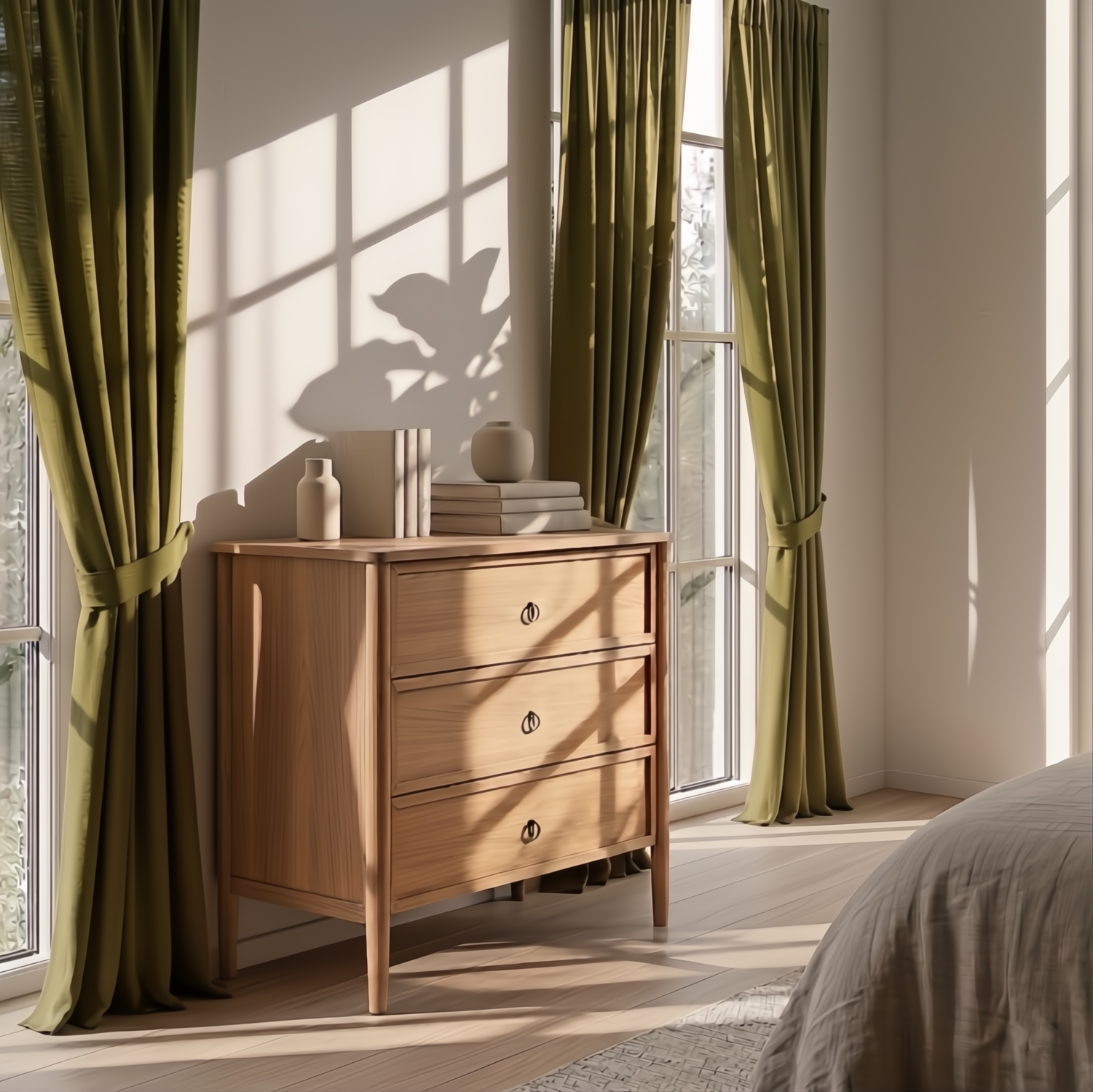 Wooden dresser with two drawers in a room with green curtains and natural light.