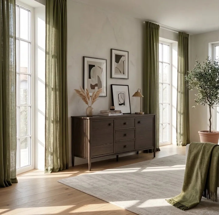 Rose Espresso Oak Sideboard with French Classic Elegance in a moody, sophisticated living space setting