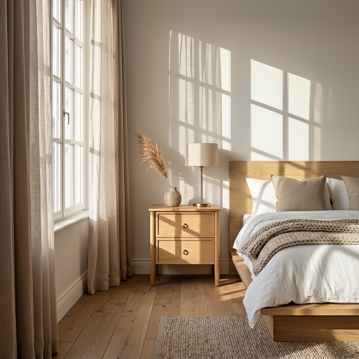Sunlit bedroom with wooden furniture and neutral decor