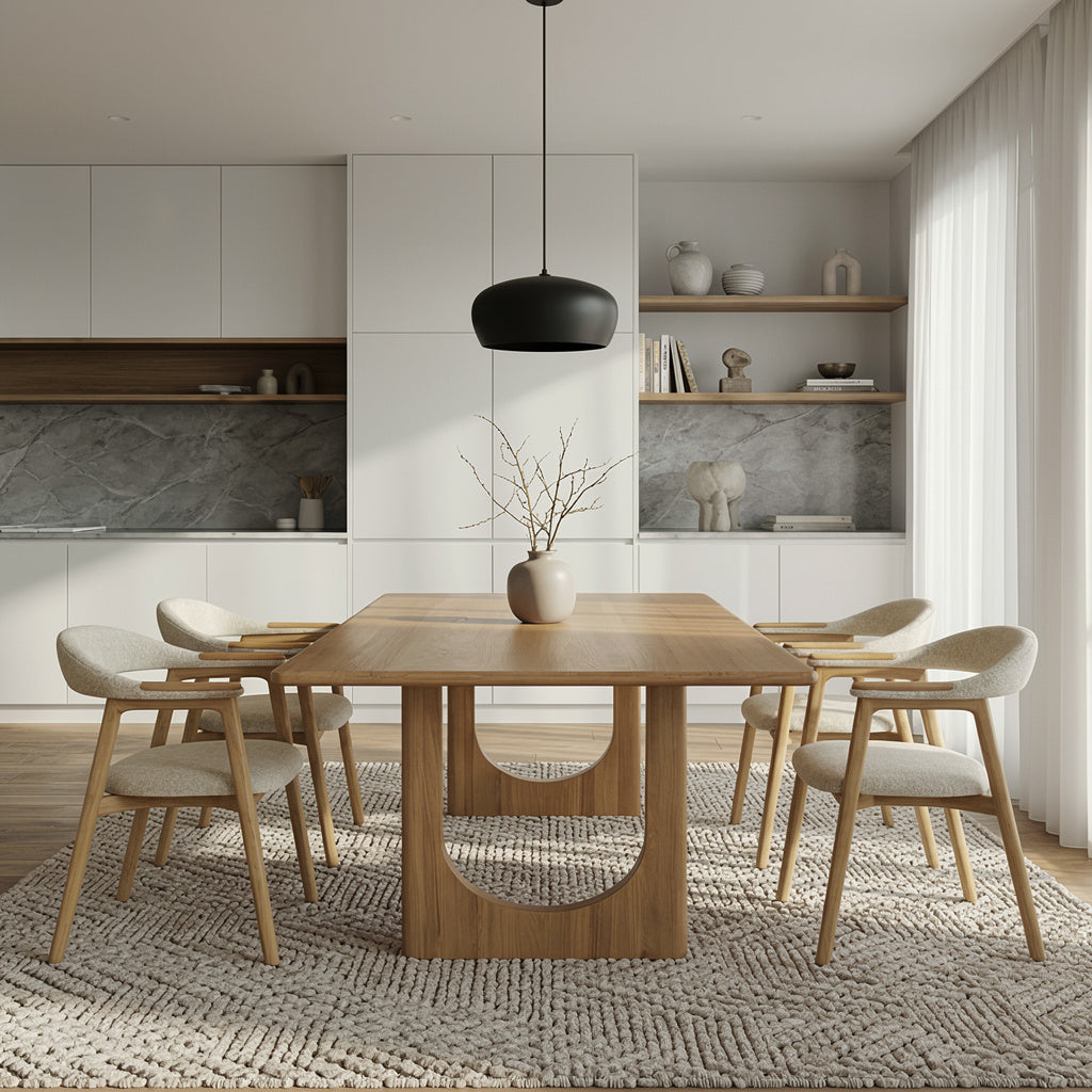 THEO Extendable Dining Table – Handcrafted Solid Oak Hardwood with sculptural base in a minimalist dining room, gallery position 1 remove_the_logo_from_bottom_righ-0_9.jpg