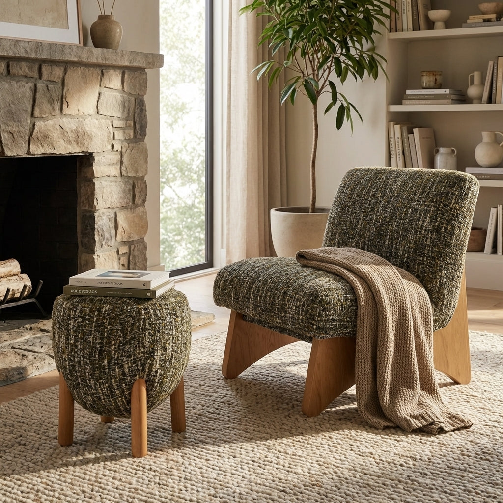 Cozy living room with a textured chair, ottoman, and fireplace.