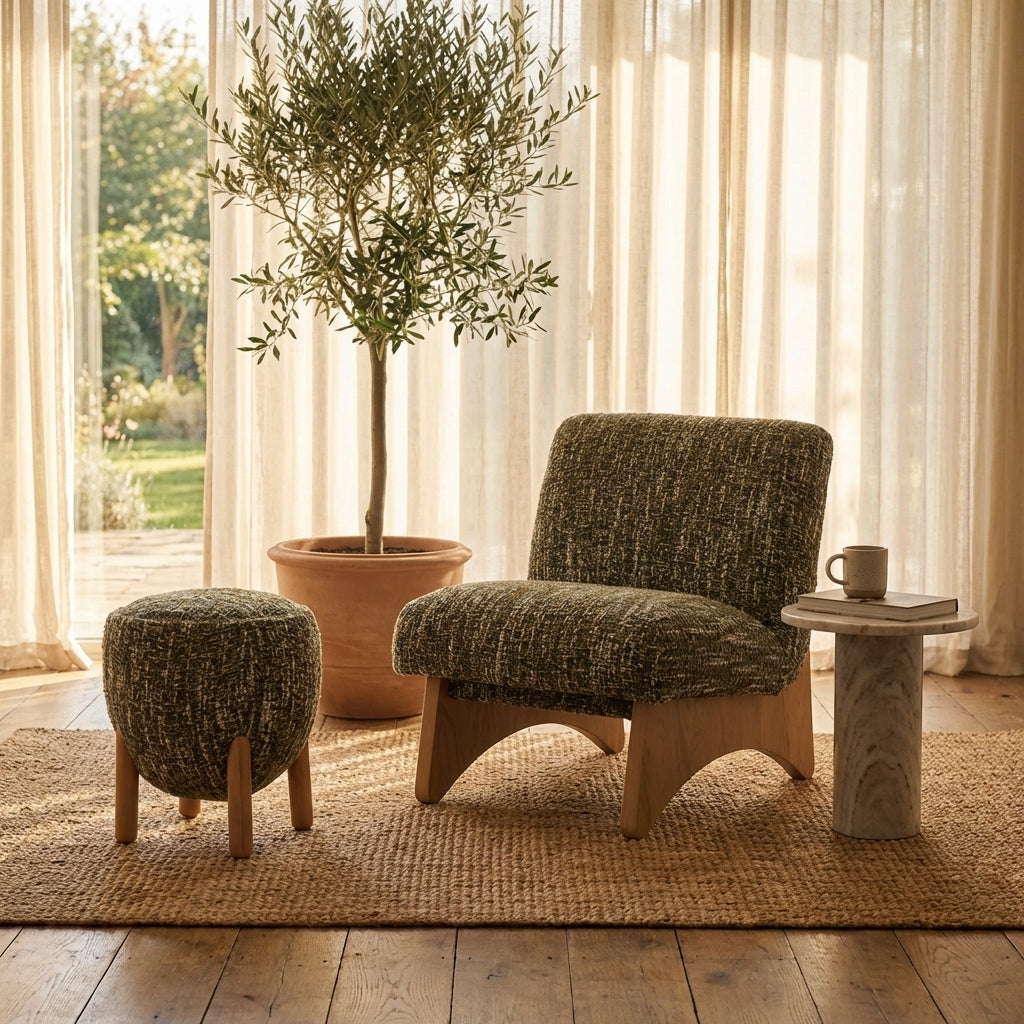 Cozy living room with a green armchair, ottoman, and small table near a large window with curtains.