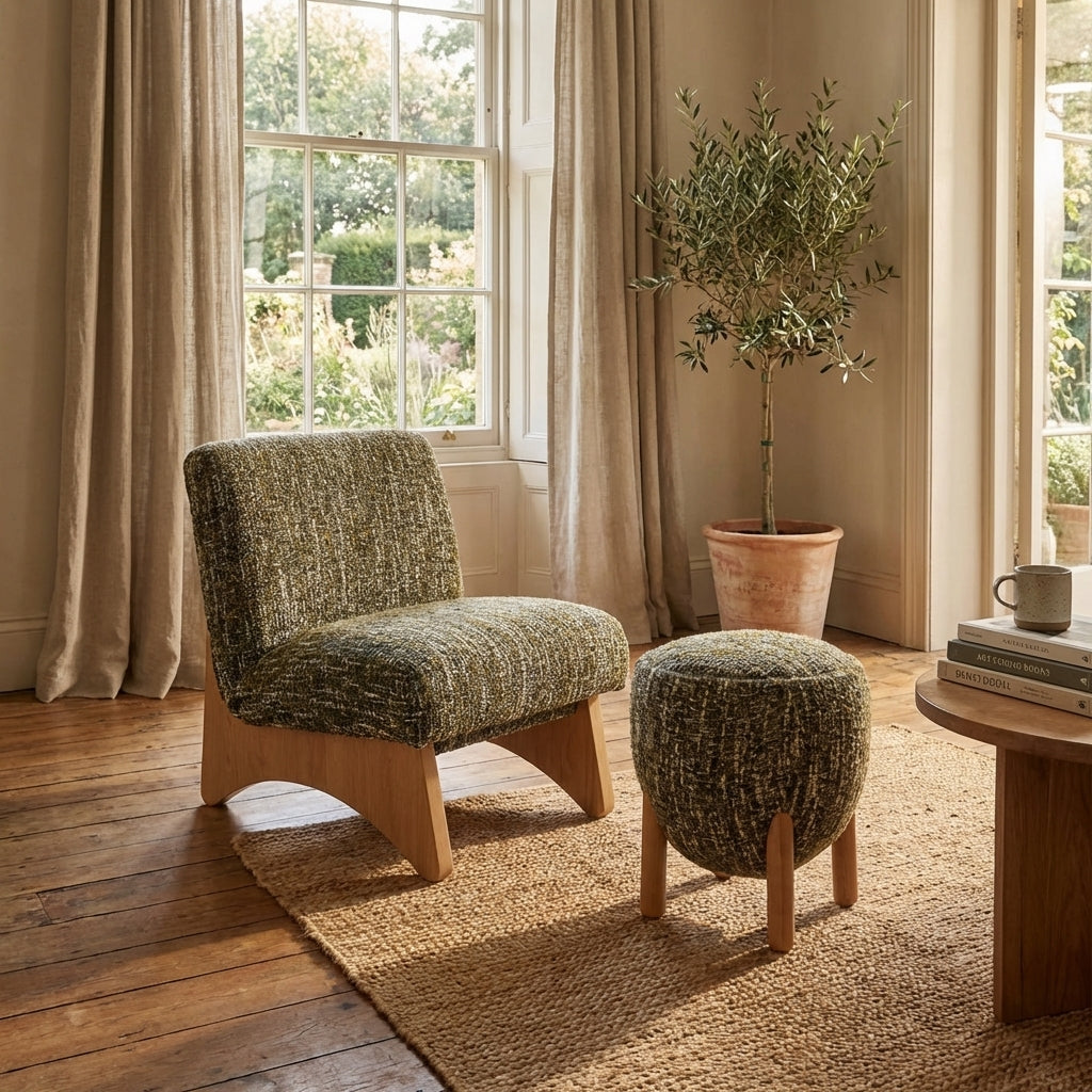 Nestled corner of a room with a patterned chair, matching ottoman, and a small table with a plant and books.