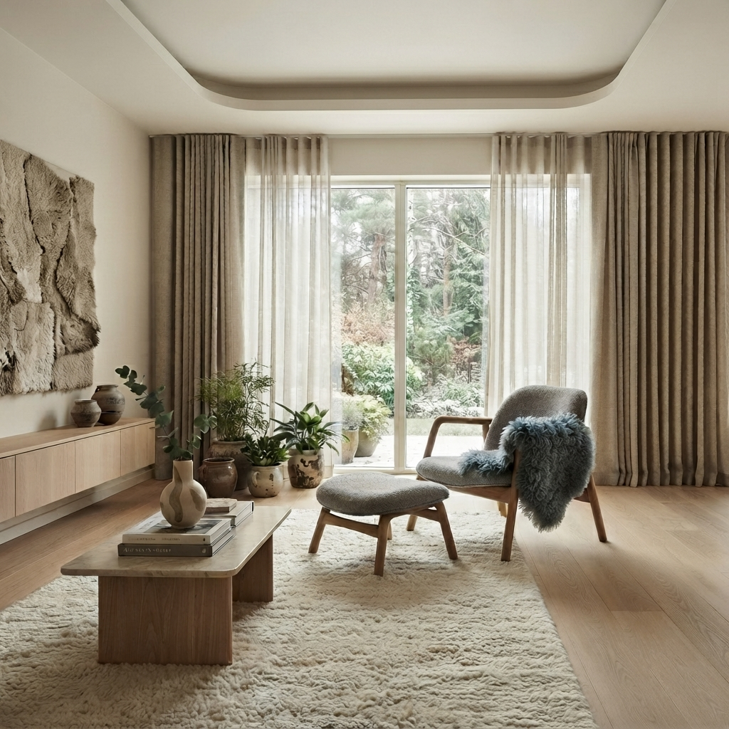 A modern living room interior with a mid-century style armchair, matching ottoman, low wooden coffee table, shag rug, sheer white curtains, and beige drapes. A blue-gray faux fur throw is draped over the chair, and plants line the floor near a large window looking out onto greenery.