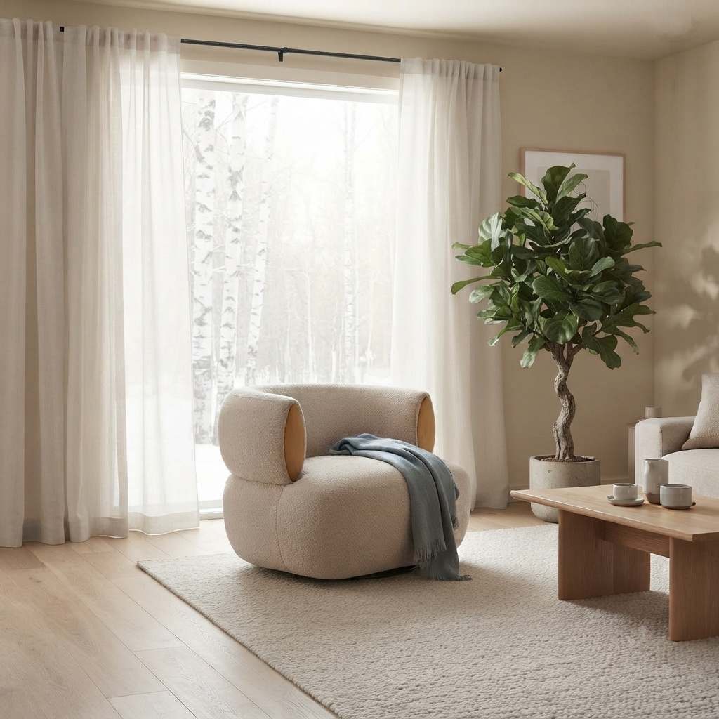 A styled living room scene featuring a pair of floor-length cream curtains with a black rod, hung over a window with sheer white inner drapes. The room is furnished with a beige textured armchair, a wooden coffee table, a large potted fiddle-leaf fig plant, and a light-colored rug.
