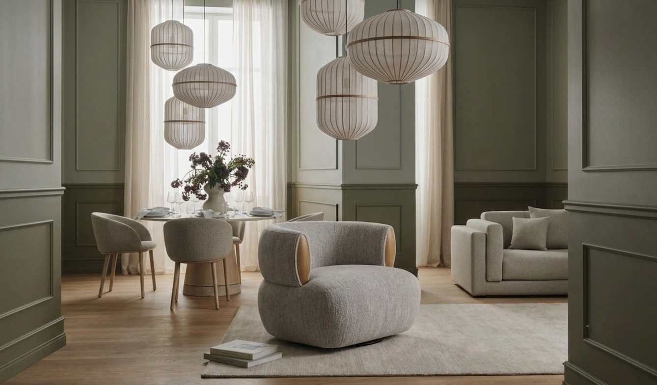 Theo – Light Grey Swivel Armchair with Wooden Accents