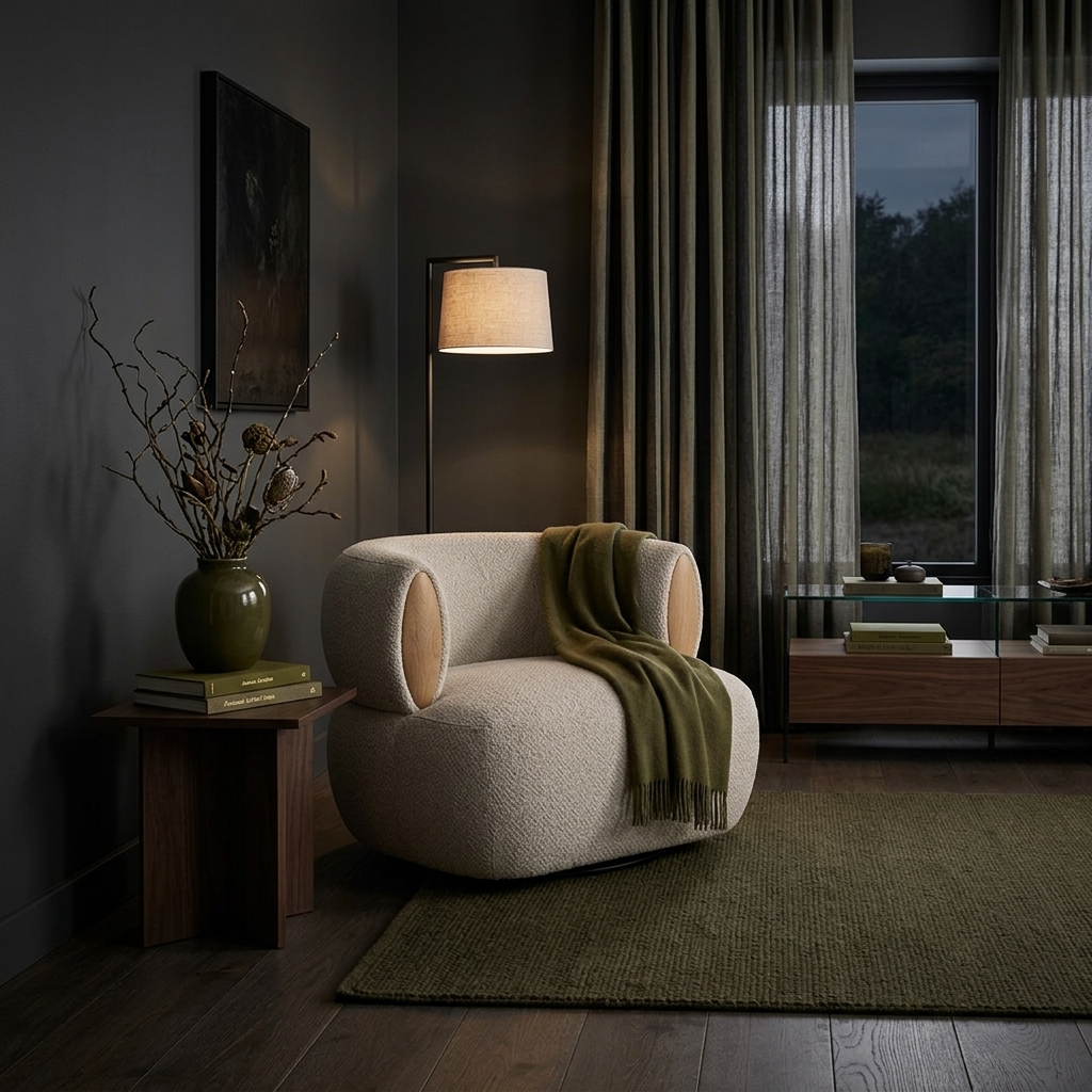 Theo – Beige Swivel Armchair with Wooden Accents