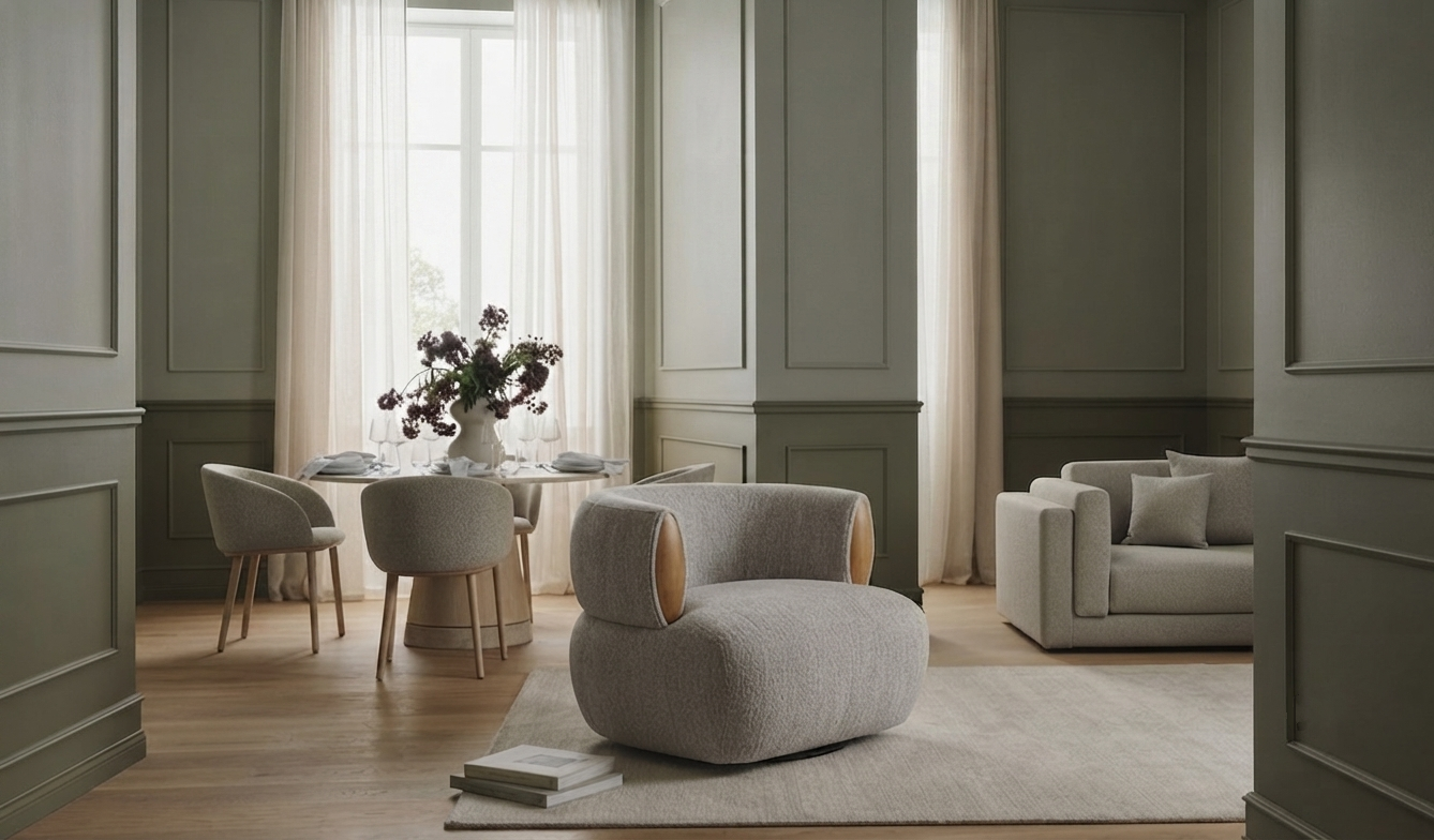A modern living room interior featuring a prominent rounded light gray armchair in the foreground, a matching sofa on the right, and a dining set on the left, all set in a room with dark green paneled walls, beige curtains, and light wood flooring.