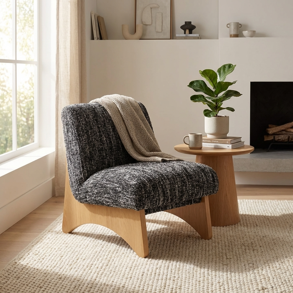 Modern armchair with a blanket in a bright room with a plant and small table.