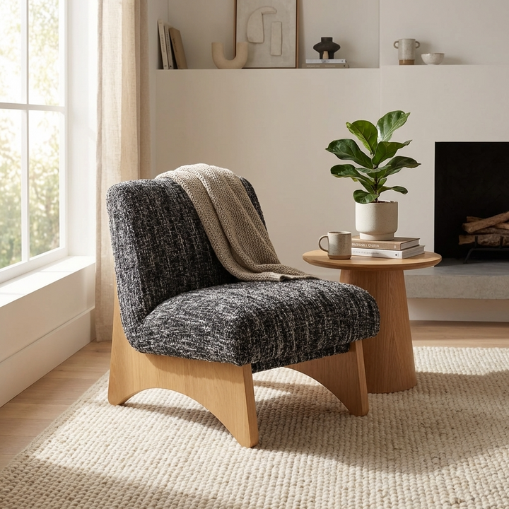Modern armchair with a blanket in a bright room with a plant and small table.