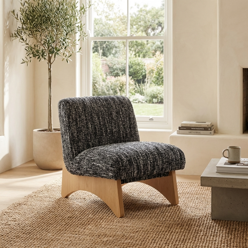 Modern armchair in a living room with a window and decor elements.