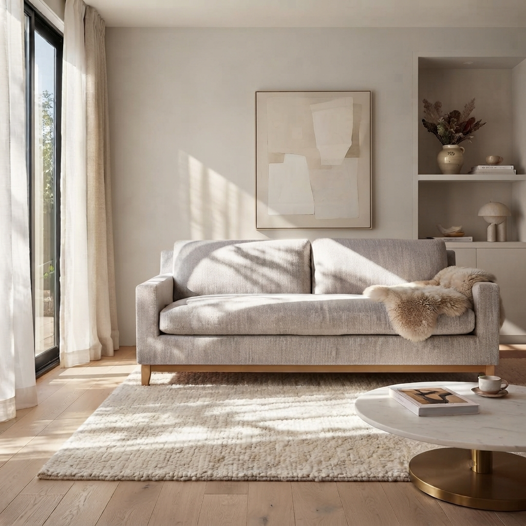 Tommy Modern Pull-Out Sofa in Leigh Fabric - light grey upholstery, solid American white oak base, front view