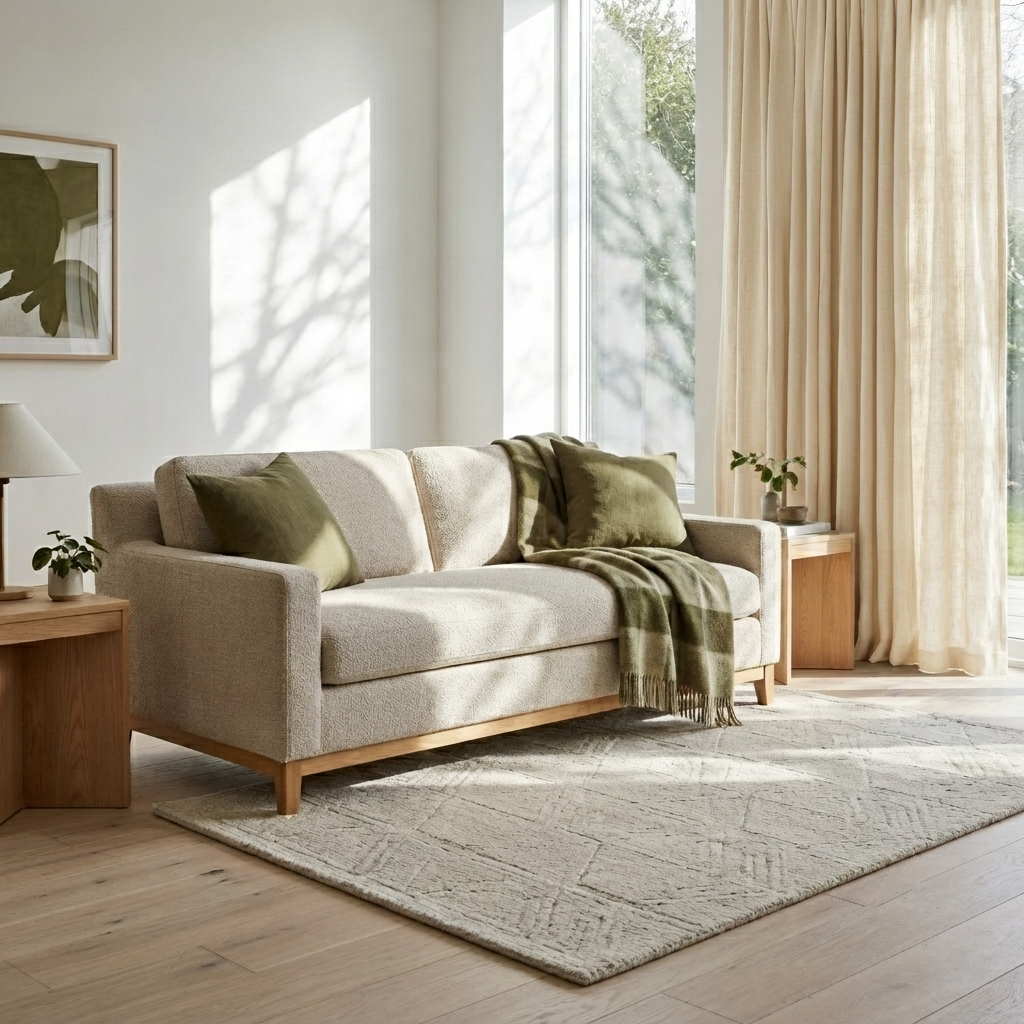 A light beige upholstered loveseat with wooden legs sits in a bright, modern living room with beige curtains, a patterned rug, and olive green throw pillows.