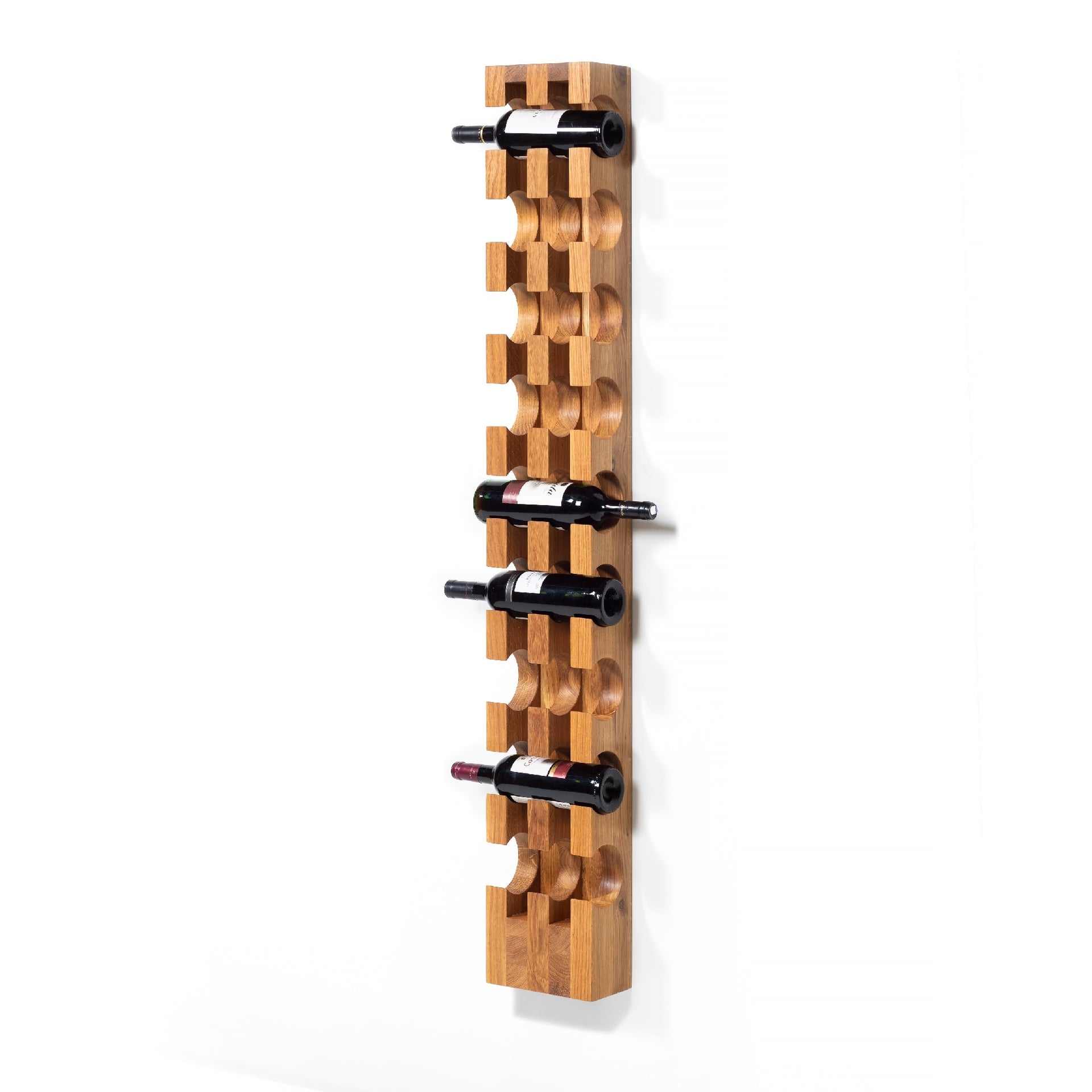 Handcrafted wall-mounted oak wine rack holding 9 bottles with natural wood grain