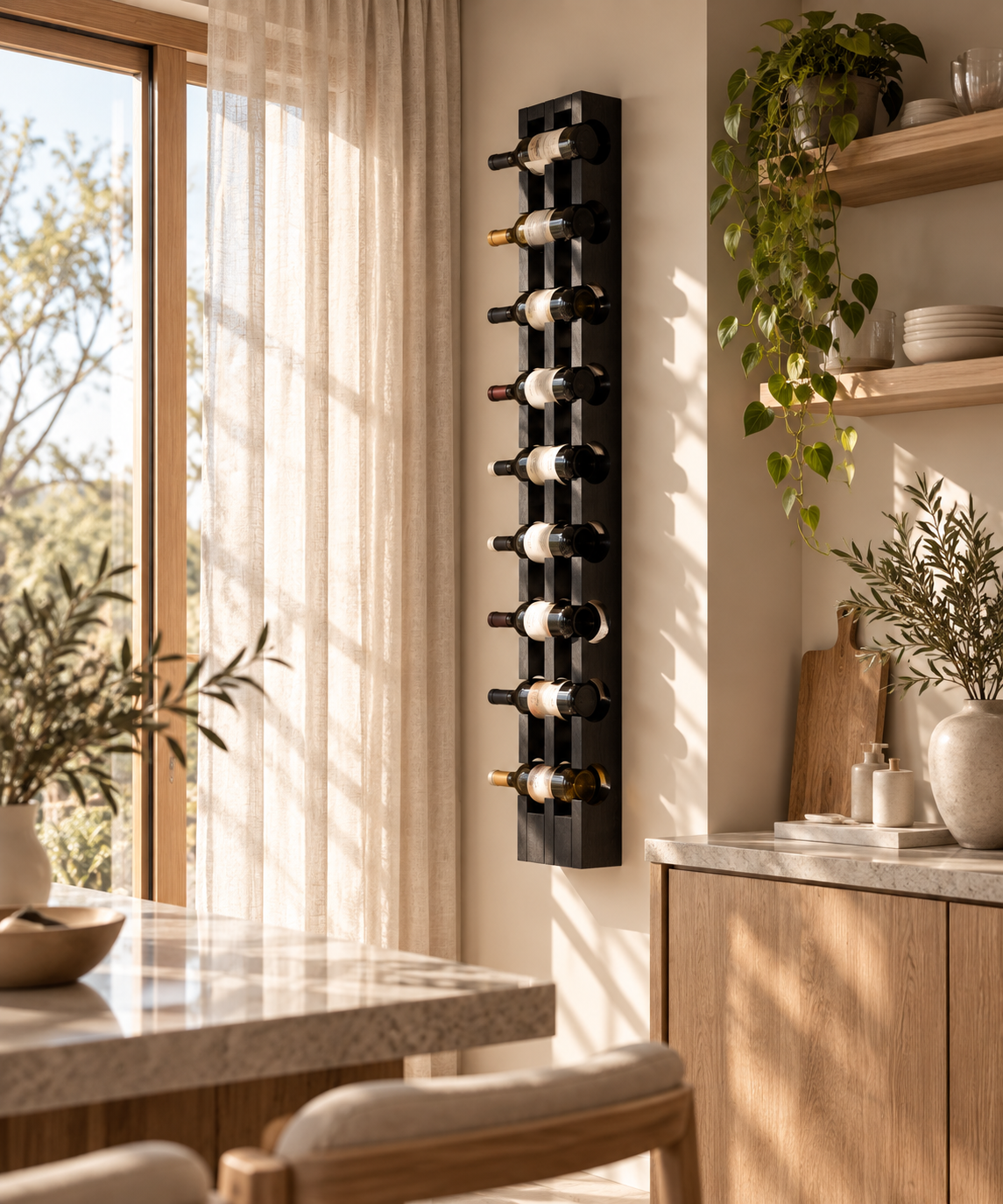 Wall-Mounted Espresso Finished American White Oak Wine Rack – Holds 9 Bottles
