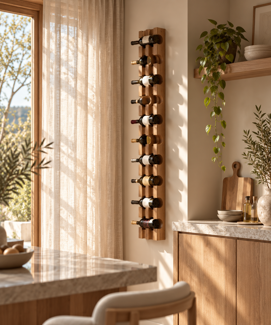 Wall-Mounted American White Oak Wine Rack – Handcrafted Solid Hardwood, Holds 9 Bottles