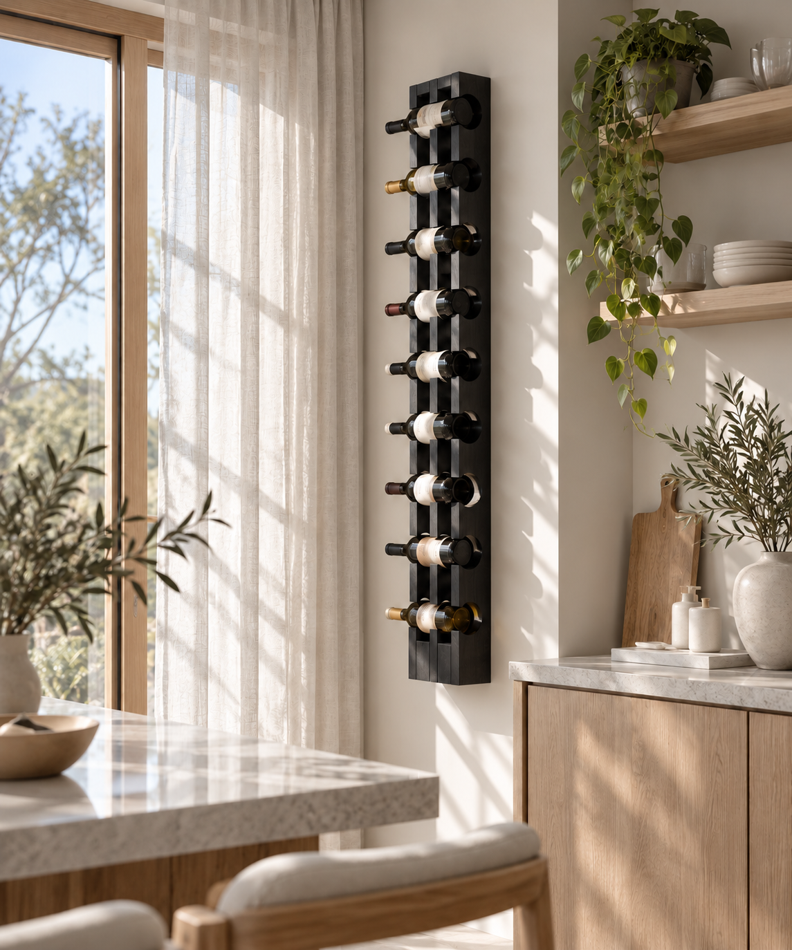 Wall-Mounted Espresso Finished American White Oak Wine Rack – Holds 9 Bottles