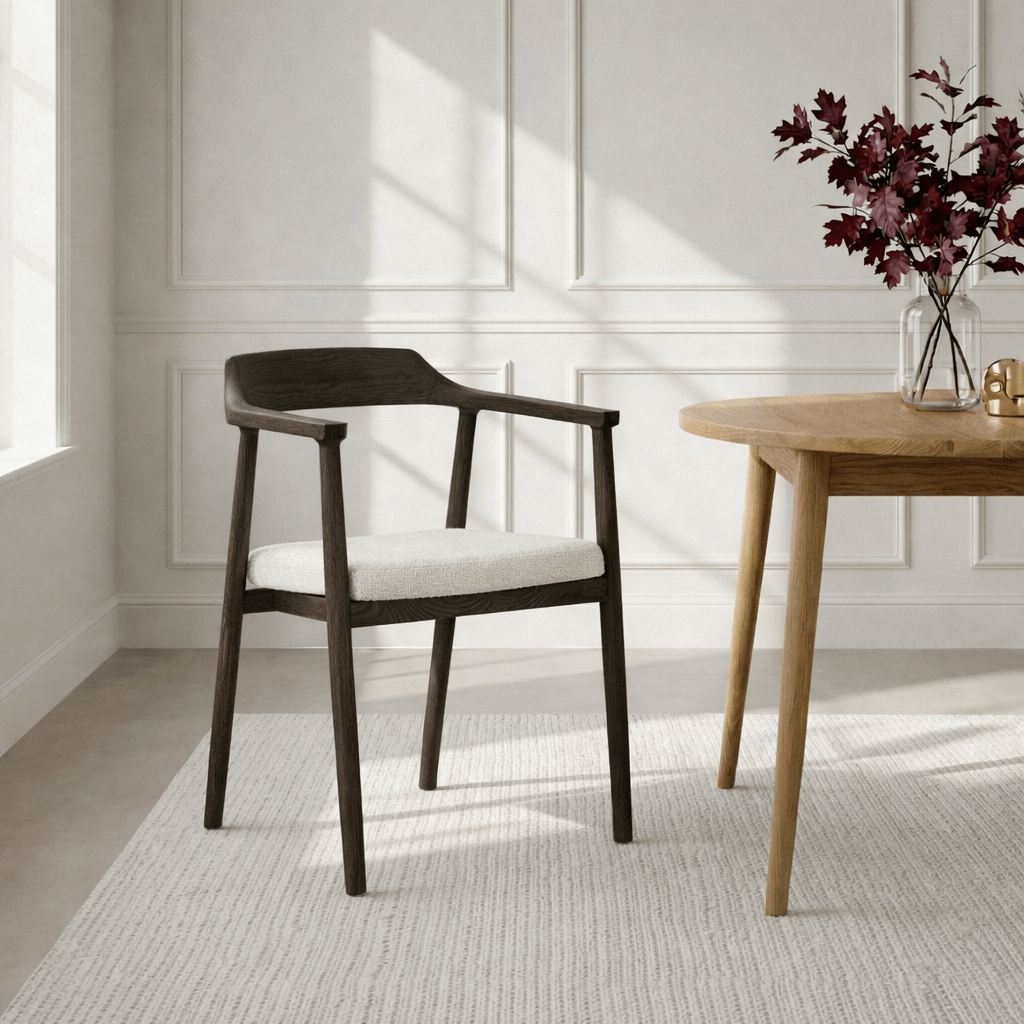 Bergen Espresso American White Oak Dining Chair with cushioned beige fabric seat, espresso matte lacquer frame, front view