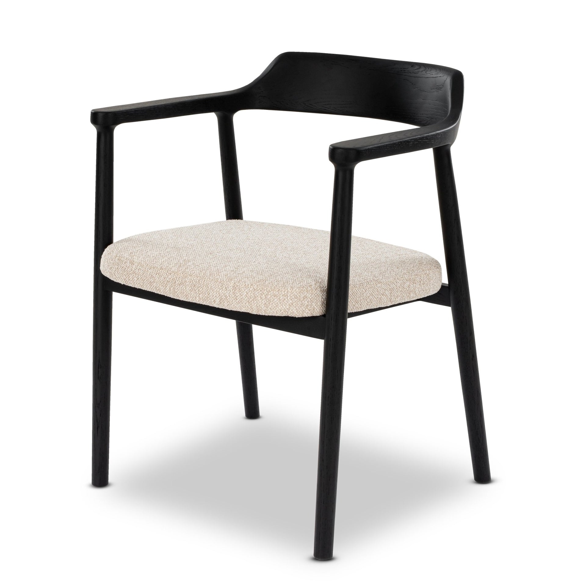 Bergen American White Oak Dining Chair - slender espresso frame and cushioned cream fabric seat, angled view
