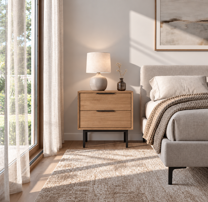 Bergen white oak nightstand with two drawers and black metal legs beside a bed in a bright bedroom