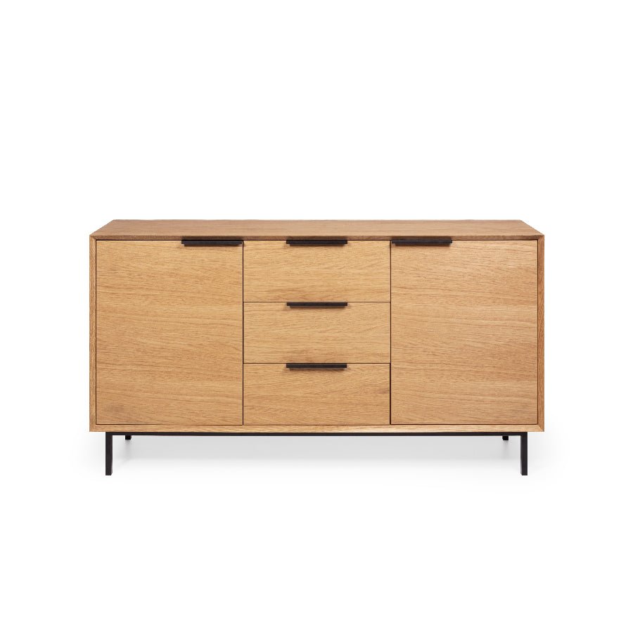 Solid oak sideboard with central drawers, side cabinets, and high-quality oak veneer detailing