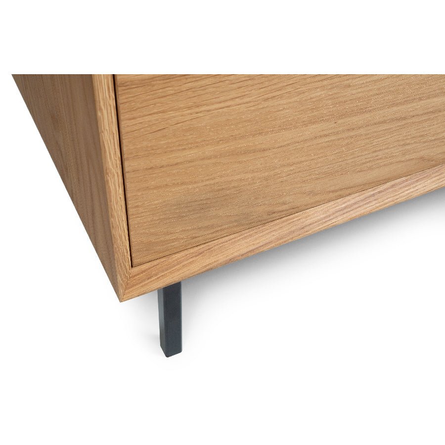 Bergen Oak Sideboard close-up of metal legs and natural solid oak wood with minimalist Scandinavian design, gallery position 1
