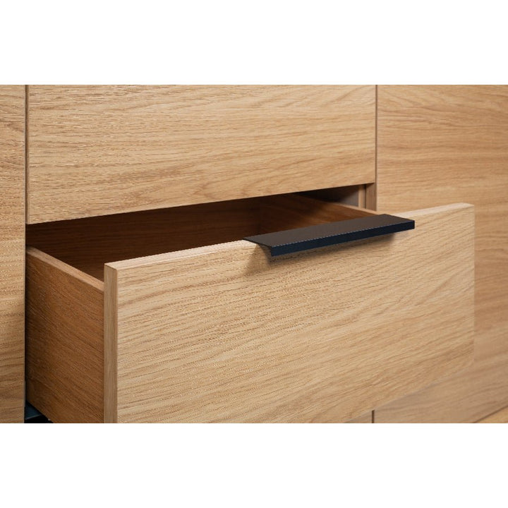 Bergen Oak Sideboard open drawer with natural oak veneer and modern black metal handle in minimalist Scandinavian style, gallery position 1
