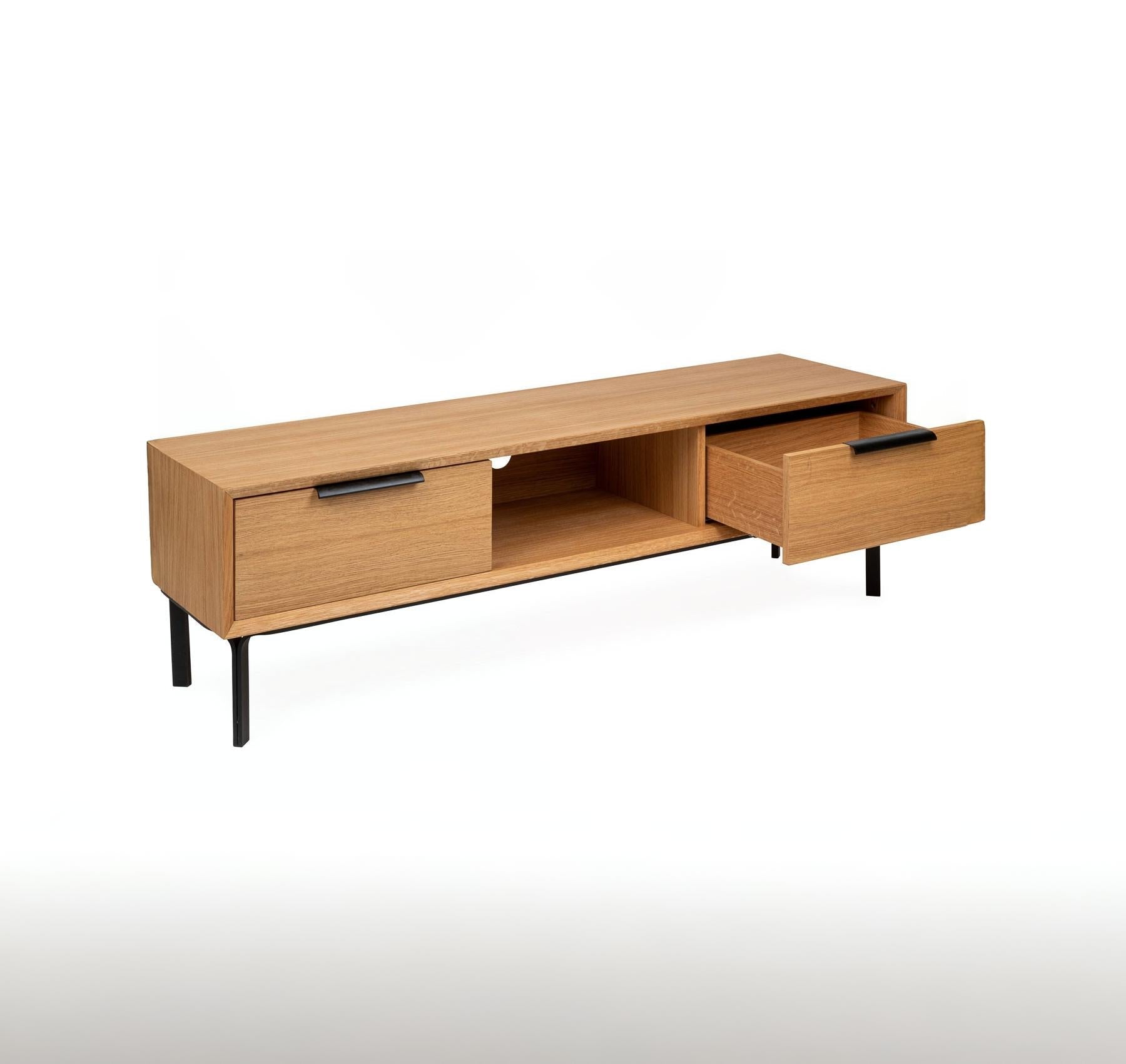 Bergen Solid Oak Media Console – Handcrafted TV Cabinet in natural oak with black metal legs and open drawer, gallery position 1.