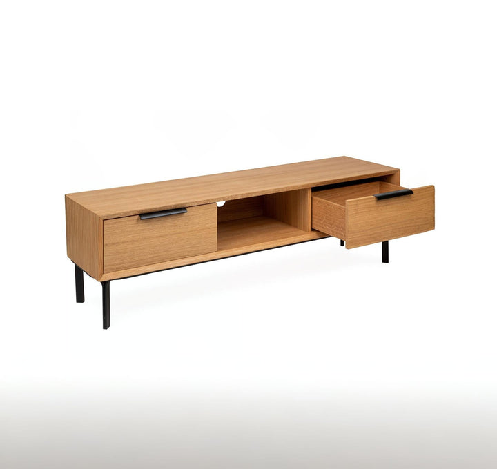 Bergen Solid Oak Media Console – Handcrafted TV Cabinet in natural oak with black metal legs and open drawer, gallery position 1.
