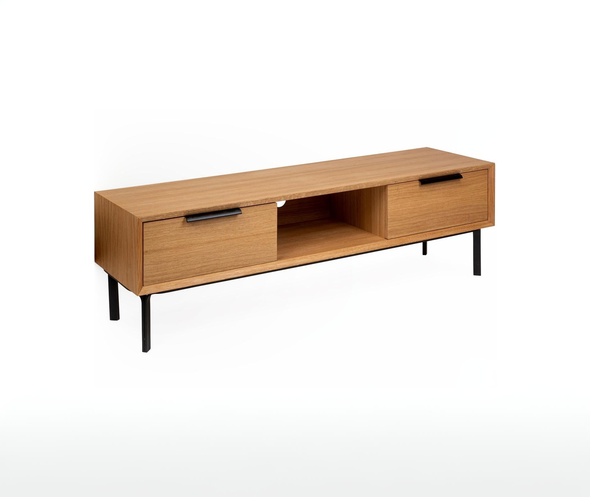 Bergen Solid Oak Media Console – Handcrafted TV Cabinet with minimalist Scandinavian design, solid oak veneer, black metal legs, and storage compartments.