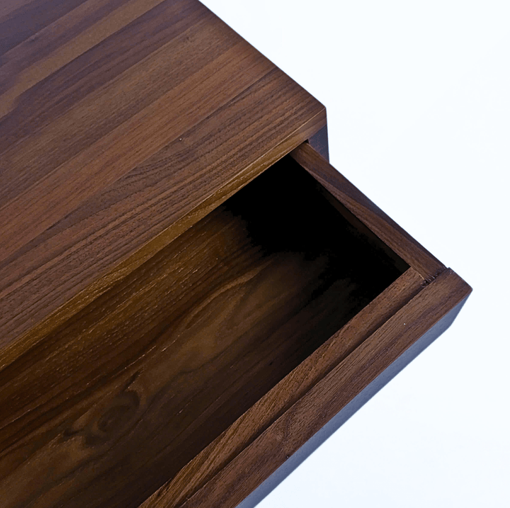 Bo Floating Nightstand in Walnut with a Drawer close-up of open drawer showing handcrafted solid walnut hardwood and smooth finish Bo-walnut-5.png gallery 1