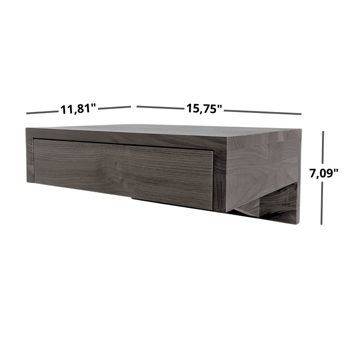 Bo Floating Nightstand in Walnut with a Drawer wall-mounted solid walnut wood bedside table with visible dimensions gallery position 1 Bo-walnut-7.png