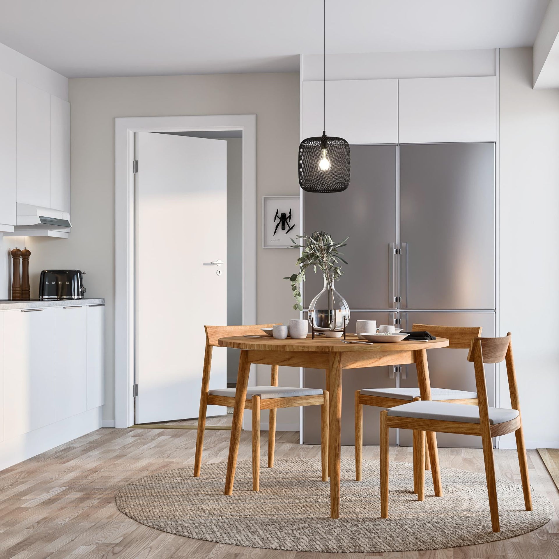 Solid oak round extendable table with artisanal craftsmanship and natural finish with Bo chairs