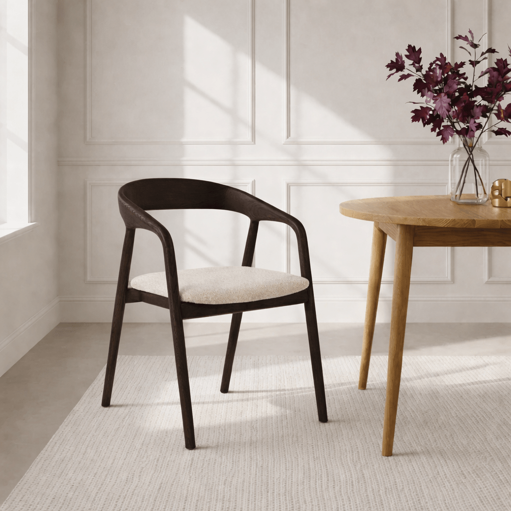 Celese - Oak Dining Chair in Espresso Finish, Cobble Fabric with curved solid oak frame and cushioned light fabric seat in minimalist Scandinavian style