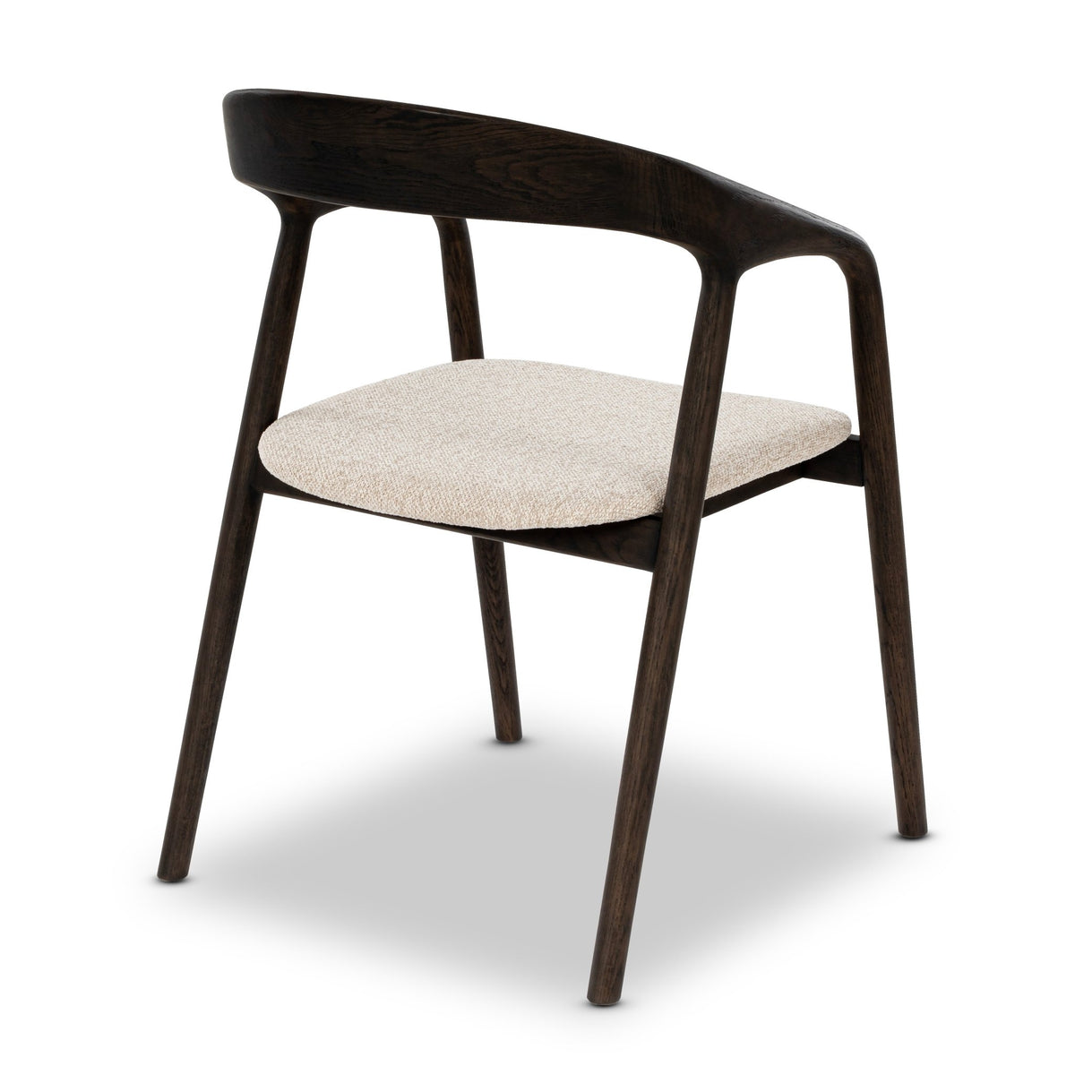 Celeste White Oak Dining Chair in Espresso Finish - sculptural curved frame and cobble fabric seat, handcrafted, 3/4 view