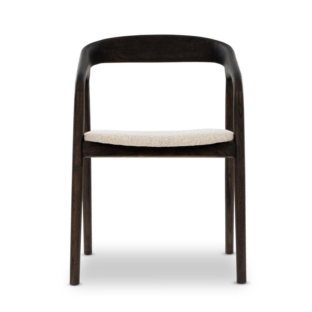 Celeste White Oak Dining Chair - espresso matte finish, fluid curved backrest and armrests, cobble fabric upholstery