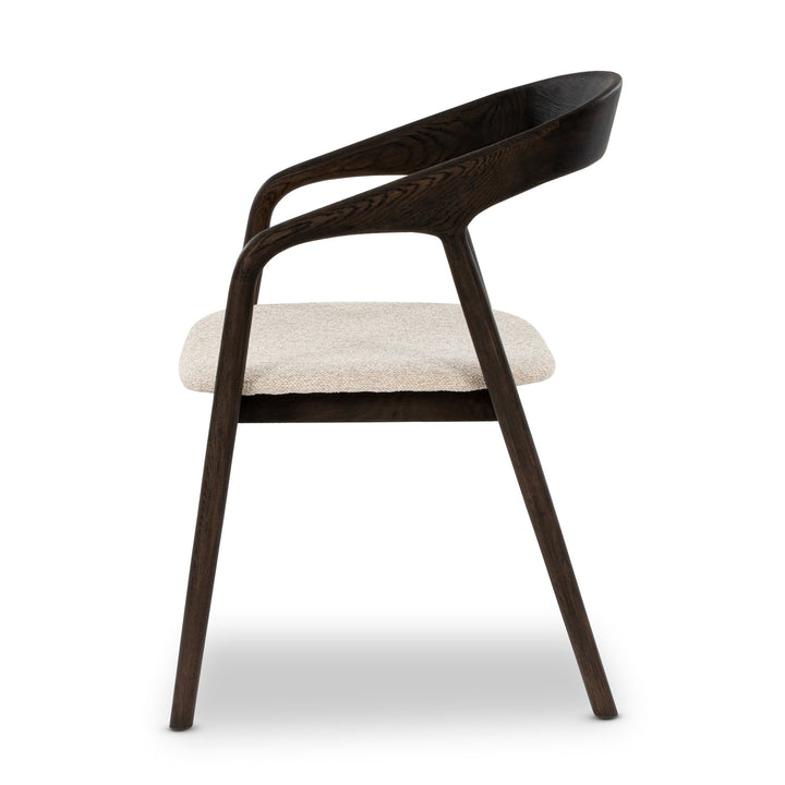 Celeste American White Oak Dining Chair - espresso finish, curved oak frame and textured cobble fabric cushioned seat, angled