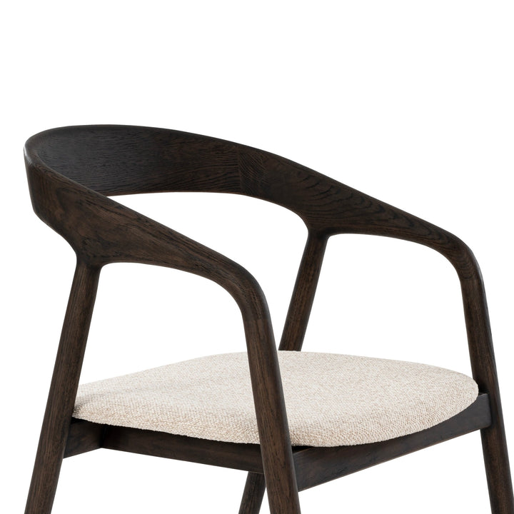 Celeste American White Oak Dining Chair - espresso lacquer curved frame and textured cobble fabric seat, side profile view