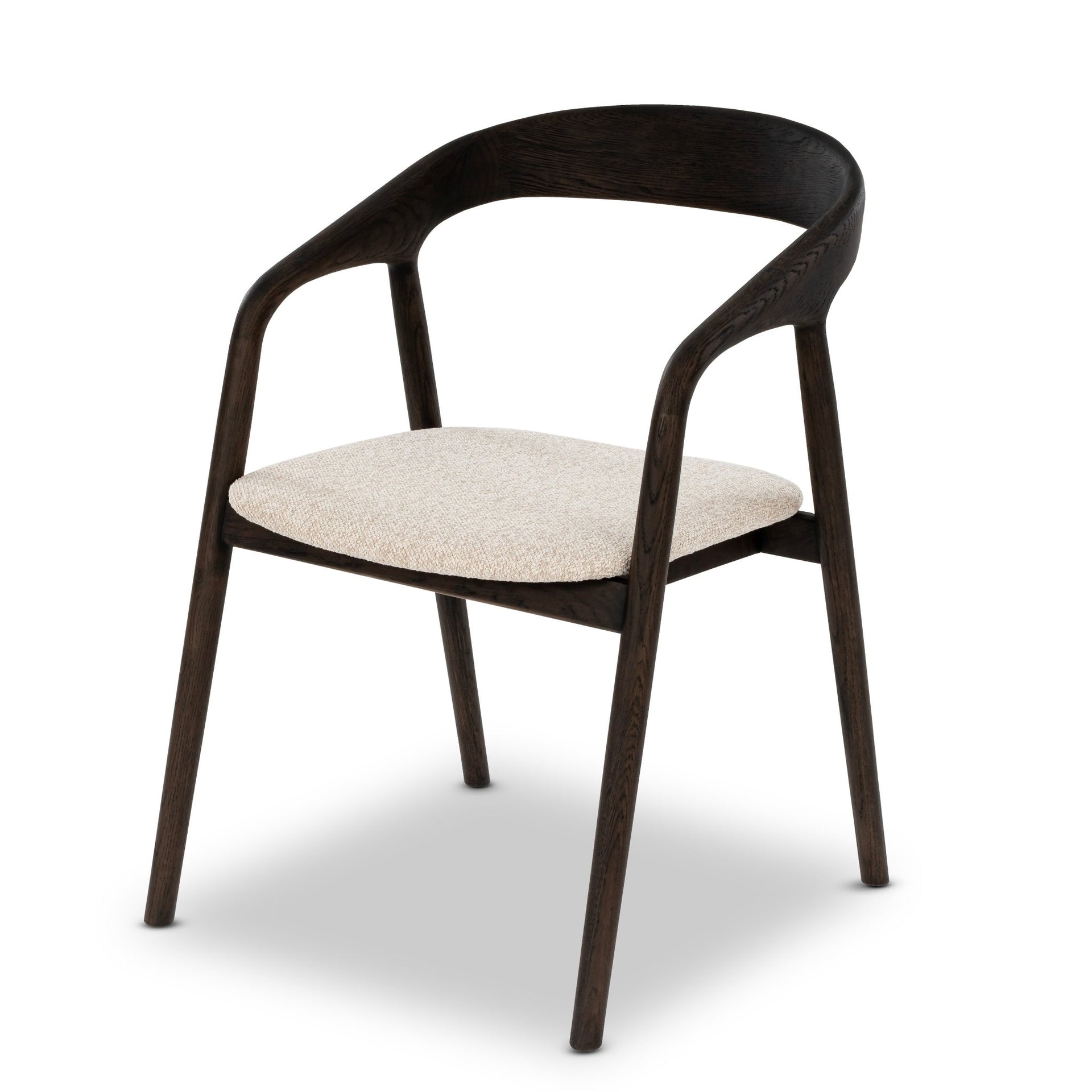 Celeste White Oak Dining Chair - espresso matte lacquer, curved frame, beige cobble fabric seat, front view