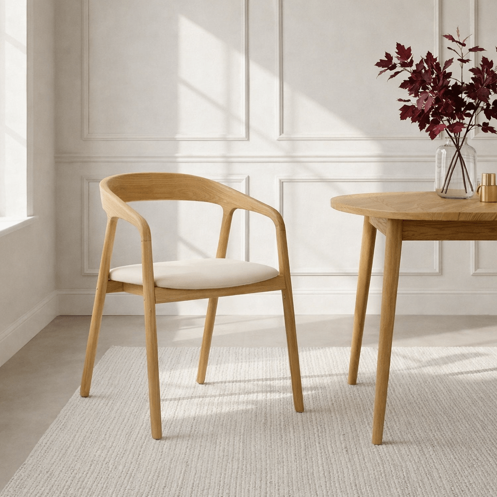 Celeste Oak Dining Chair lifestyle view in a Scandinavian dining room with natural oak frame and smooth beige leather seat