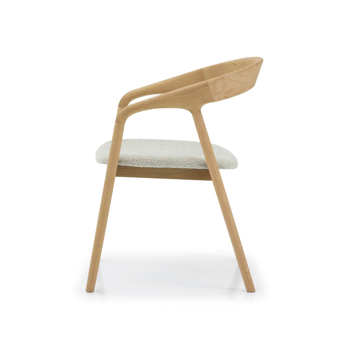 Celeste Oak Dining Chair pure side profile showing curved backrest, angled armrest, and tapered front and rear legs